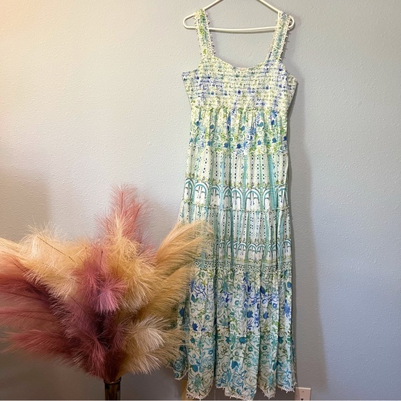 Rococo Sand Dresses & Skirts - Rococo Sand EUC Elan Sleeveless Tiered Maxi Dress Blue & Green Multi-print XL